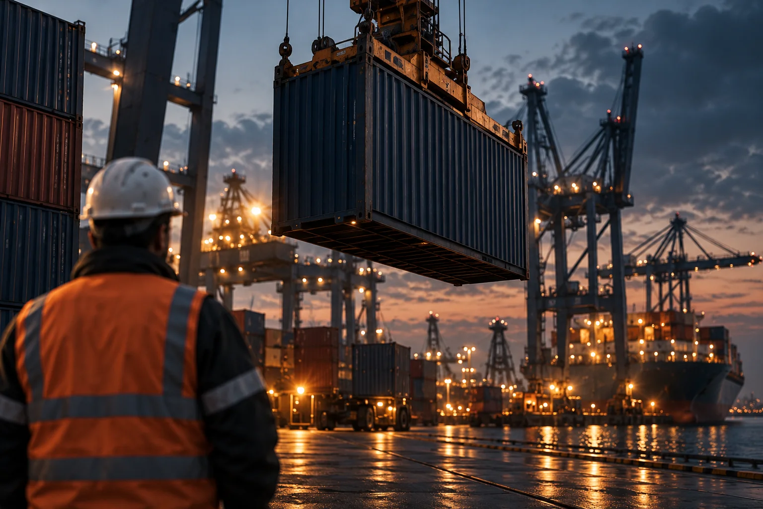Illustrative Hafenszene mit einem Mitarbeiter und einem angehobenen Container bei Abendlicht.